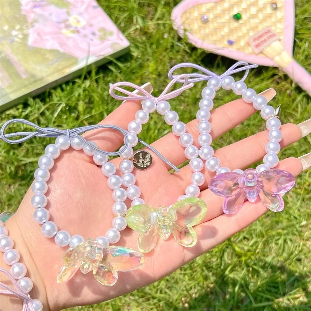 Резинка для волос с милой бабочкой и жемчугом эластичные красочные браслеты