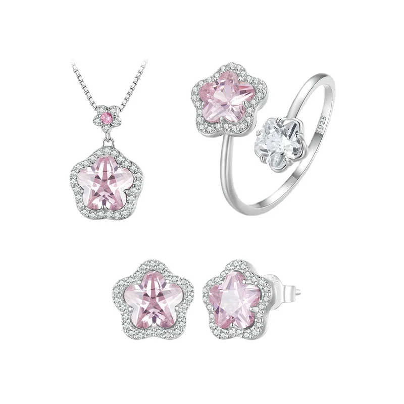 

Shining U 925 Sterling Silver Pink Flower Gems Jewelry Set Earrings Necklace Ring Fine Jewelry for Women Anniversary Gift
