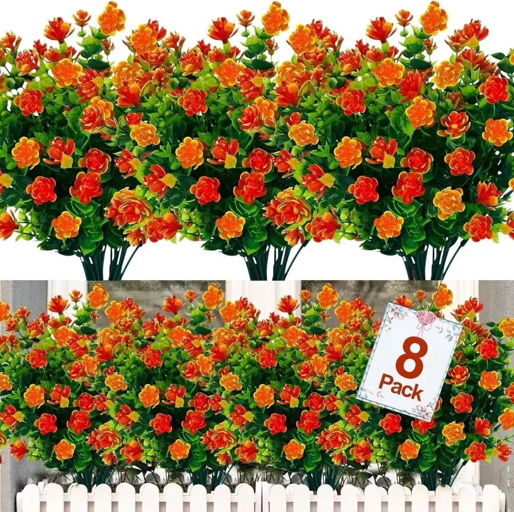 

8Pcs Boxwood Artificial Fall Flowers Outdoor UV Resistant Faux Flower Greenery Shrubs Plants for Home Garden Porch Fall Decor