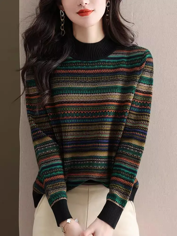 Hengyuanxiang Pure Wool Sweater Women Half-high Collar Retro Jacquard Autumn and Winter Western Sle Striped Knitted...