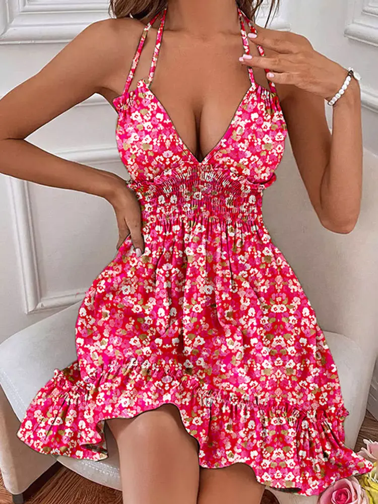 

Dresses For Women 2023 Vestido Fashion Ditsy Floral Smocked Ruffled Hollow Out Open Back Halter Mini Dress Pullover Dress Traf