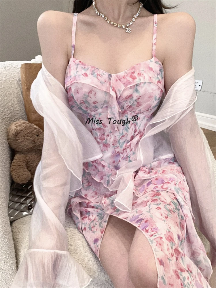 

Летнее розовое платье с цветочным принтом, женское лоскутное платье Бохо с разрезом, женское повседневное корейское модное праздничное пля...