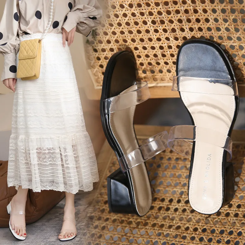 

High-Heeled Shoes Lady Slippers Casual Slipers Women Med Shallow Glitter Slides Square heel Luxury 2022 Jelly Transparent Soft
