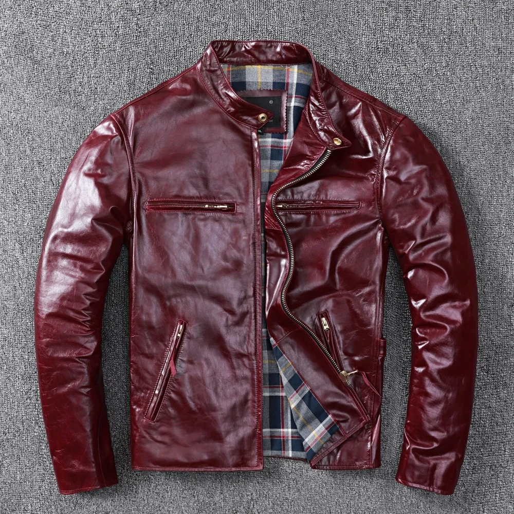 

Free shipping.wholesales,mens slim genuine leather jacket.classic motor batik horsehide coat.leather clothes.leather wear