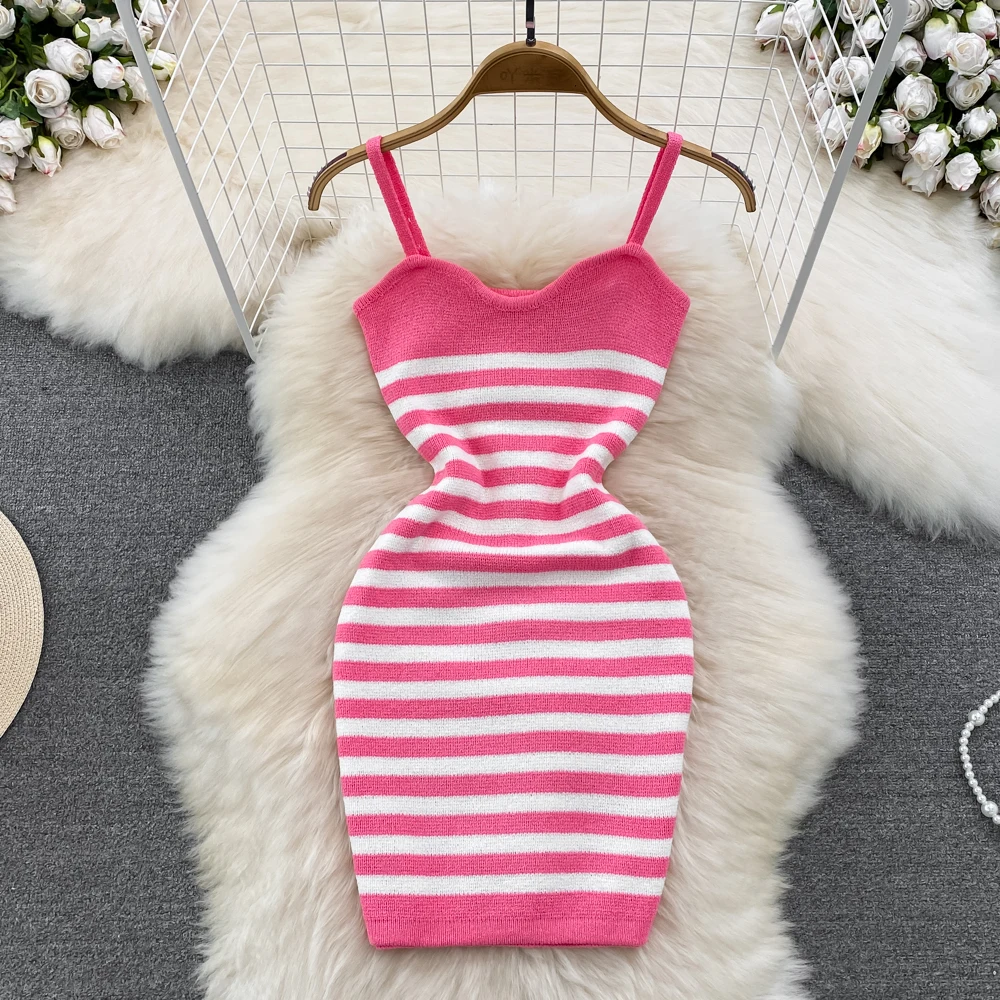 

Sexy Stripe Off Shoulder Knit Slip Dress Chic Vintage Korean Fashion Beach Vacation Dress Women Casual Slim Pencil Vestidos