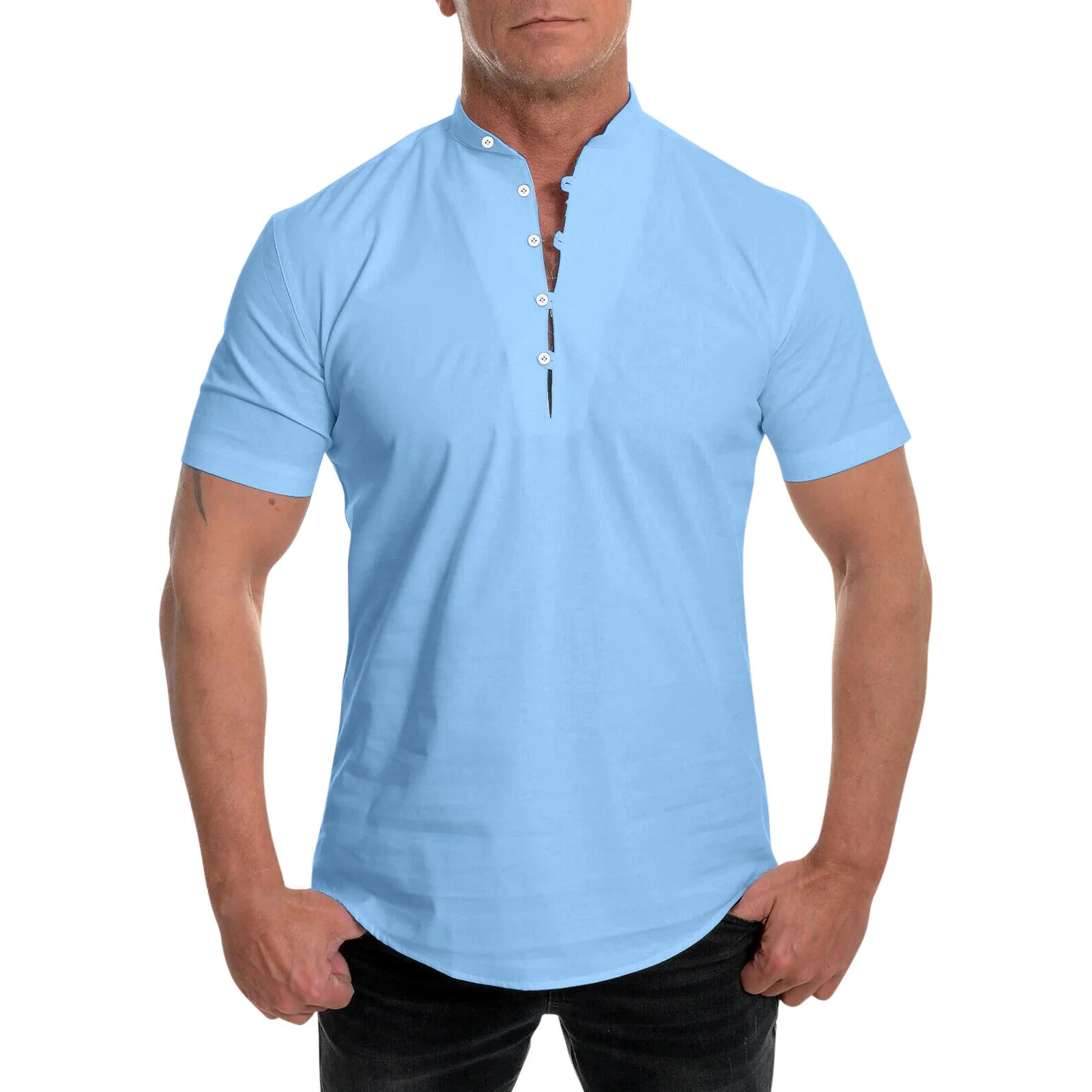 

Fashion Shirt Men Summer Solid Stand Collar Short Sleeve Casual Loose Shirt Top