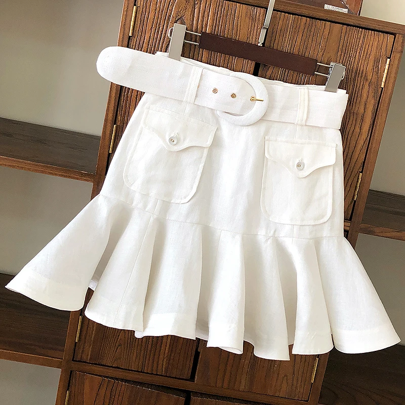 

Summer Woman Elegant Hot Sale Solid White Casual Pockets Mermaid Easy-Matching Mini Shirt with Belt