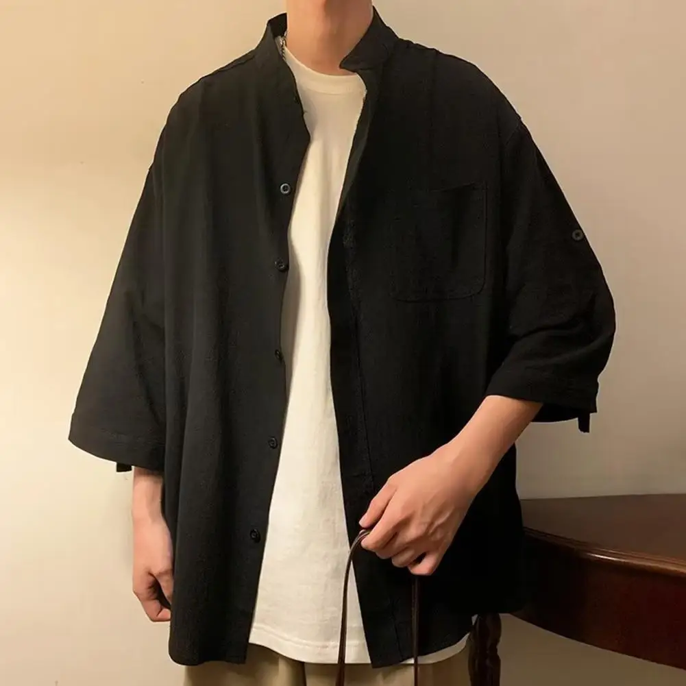 

Men Shirt Simple Stand Collar 3/4 Sleeve Casual Shirt Loose Fit Single-breasted Patch Pocket Shirt Tops Workwear