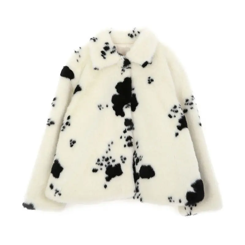 2022 Winter Thick Women Faux Fur Black White Cow Print Women Jacket Warm Fashion Korean Button Up Female Clothes New