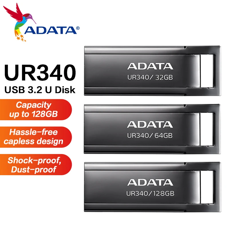 Фото USB-накопитель ADATA UR340 USB 3.2 Gen 1, 32 ГБ, 64 ГБ, 128 ГБ, скорость чтения 100 МБ/с, высокоскоростная передача данных, металлический корпус, флеш-накопитель №2