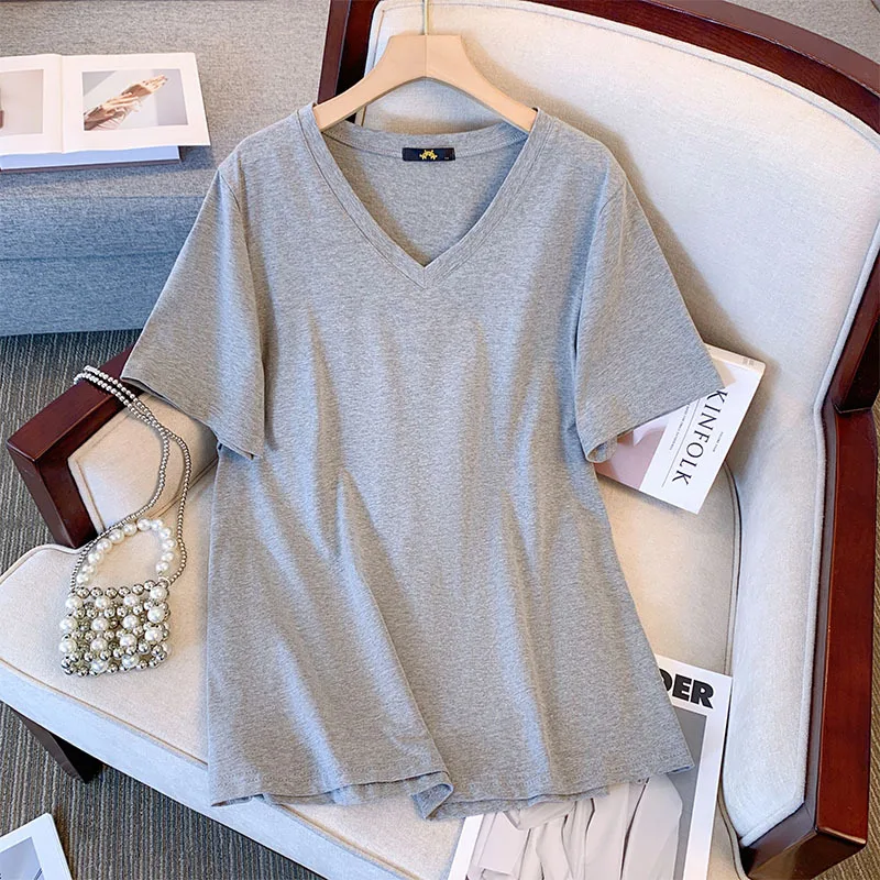

120-350 kg large size women's fat mm summer cotton t-shirt t-shirt V-collar loose 2023 new summer BLACK