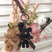new leather weave rope diy bear keychain cartoon cute animal doll keyring women couple bag car charm key chain gift