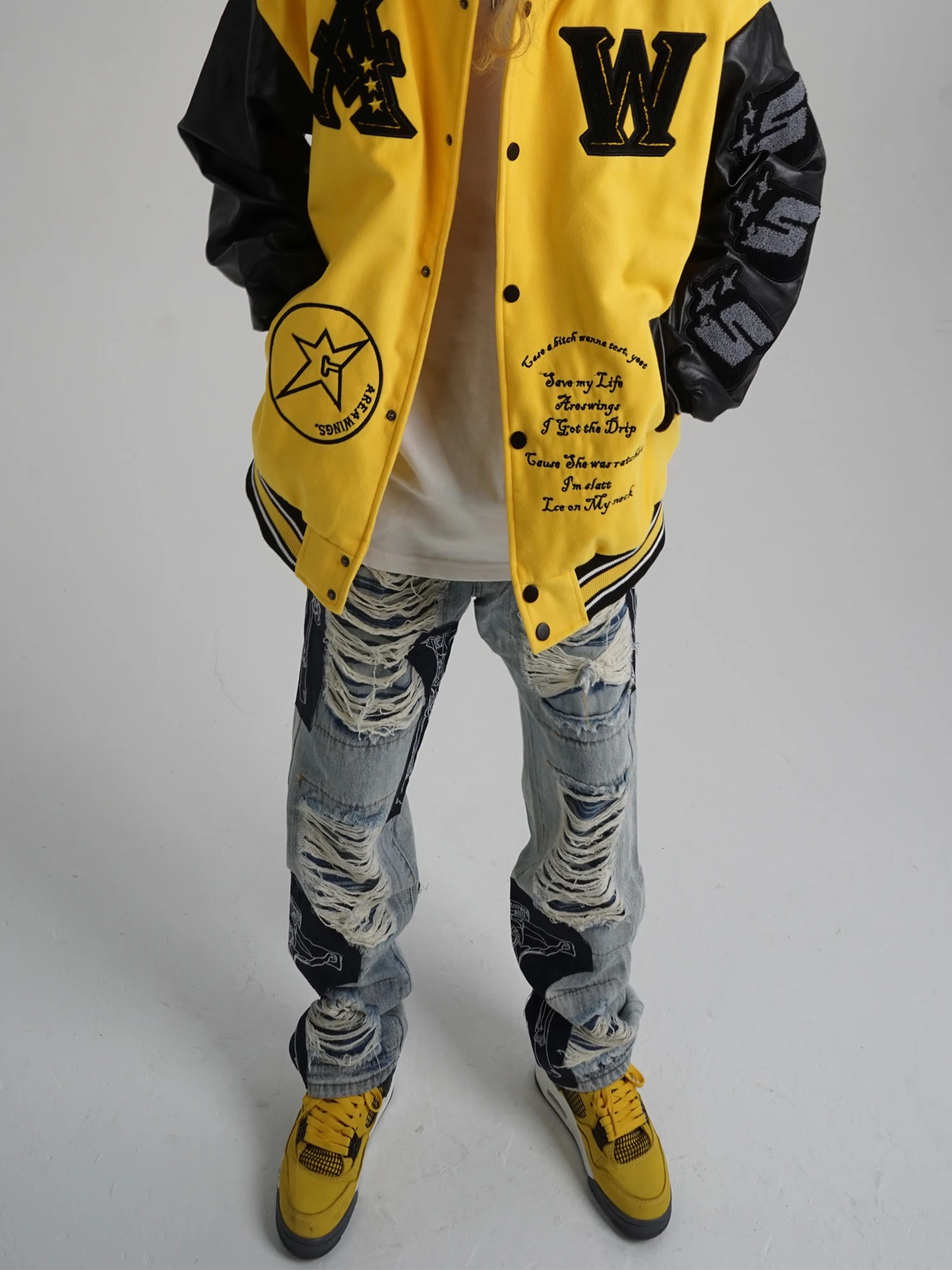 Jeans Men's Ripped Tassel Jeans Men's Jesus Cross Embroidery High Street Pants Tassel Shabby Retro Denim Trousers Loose Harajuku