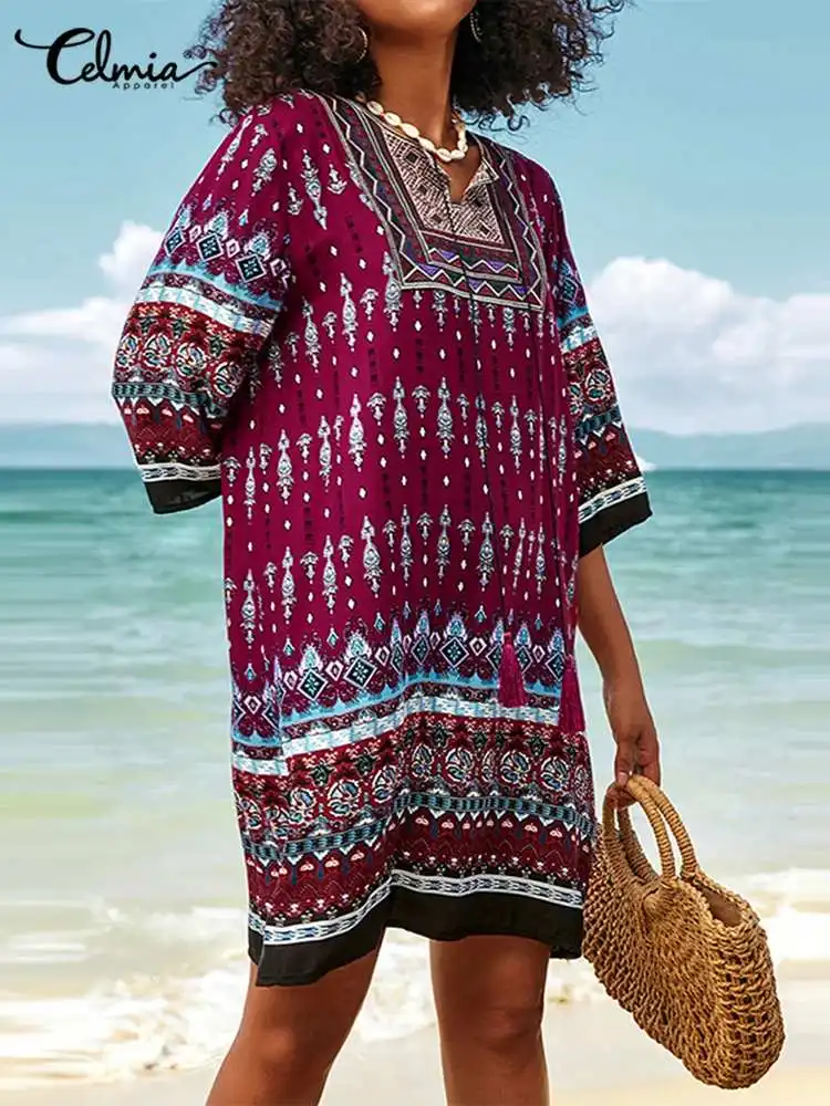 

Celmia 2022 летнее модное пляжное платье с рукавом 3/4 винтажный короткий сарафан с V-образным вырезом Женские бандажные богемные вечерние мини-пл...