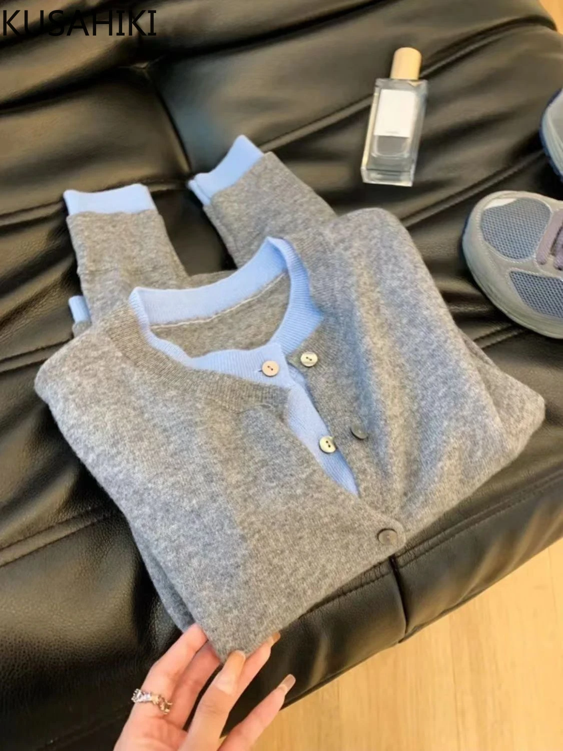 Трикотажный женский кардиган из двух частей с длинным рукавом