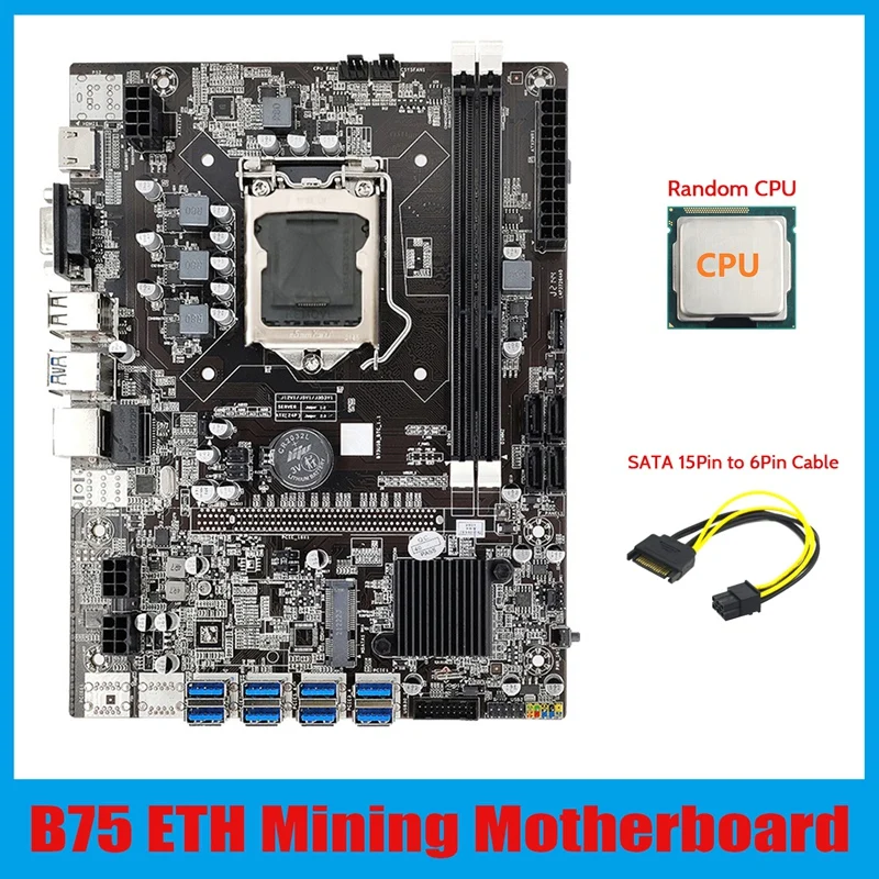 B75 ETH Mining Motherboard 8XPCIE USB Adapter+CPU+SATA 15Pin To 6Pin Cable LGA1155 MSATA B75 USB BTC Miner Motherboard