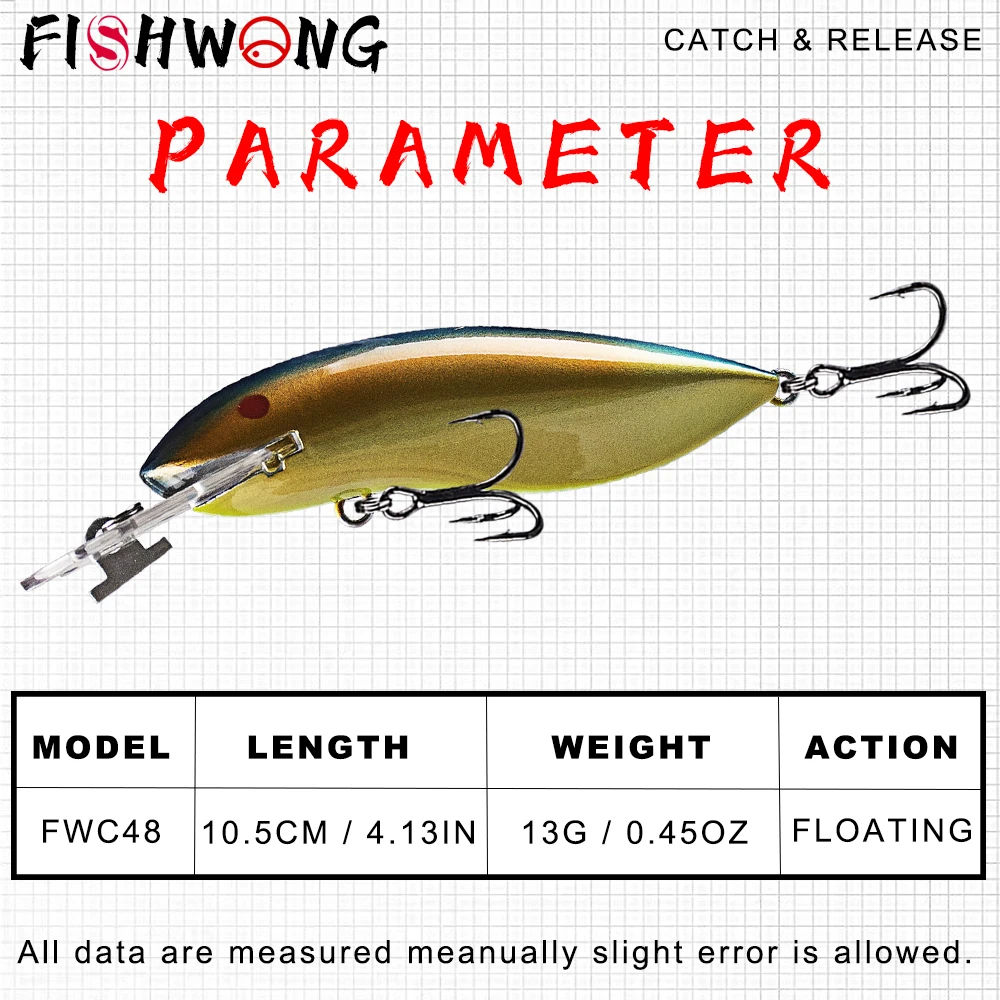 Фото Набор из 3 плавающих приманок FISHWONG Minnow для рыбалки, 10.5 см, 13 г, с тройными крючками, для ловли щуки №2