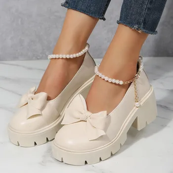 Fashion Solid Leather Shoes For Women Dressy High Heels Bowknot Pearl Buckle Thick High Heel Casual Shoes Party Wedding Heels 1