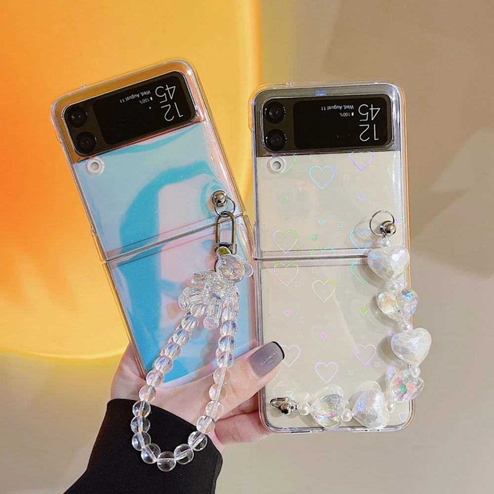 

Cute Bear Laser Gradient Love Heart Chain Case For Samsung Galaxy Z Flip 3 2 1 ZFlip3 Zflip Aurora Bracelet Wrist Strap Cover