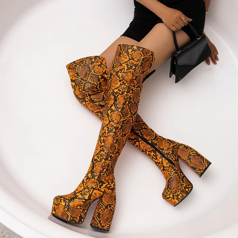 

Plus Size Snake Pattern Super High Profile Thick Heel Catwalk Women's Over The Knee Boots High Waterproof Platform Long Shoes