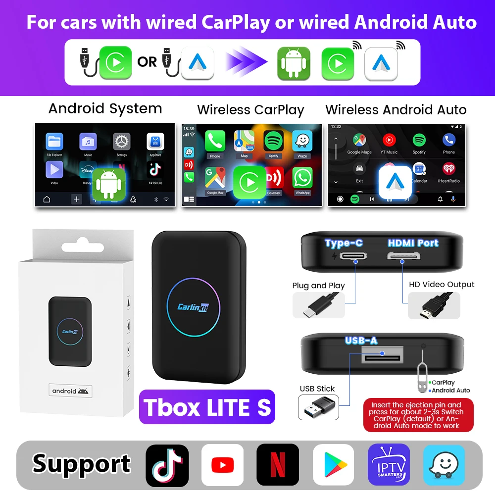 

2025 CarlinKit HDMI Android Ai Box Беспроводной Carplay Android Auto Для Youtube Netflix IPTV 5 В 1 WIFI 5 ГГц USB A Plug And Play