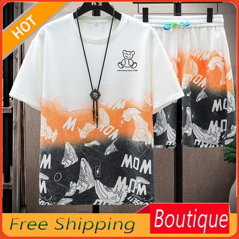 High End Waffle Casual Sports Set Men's Summer Short Sleeve Shorts Men's Clothing Men's Set Comfortable and Breathable