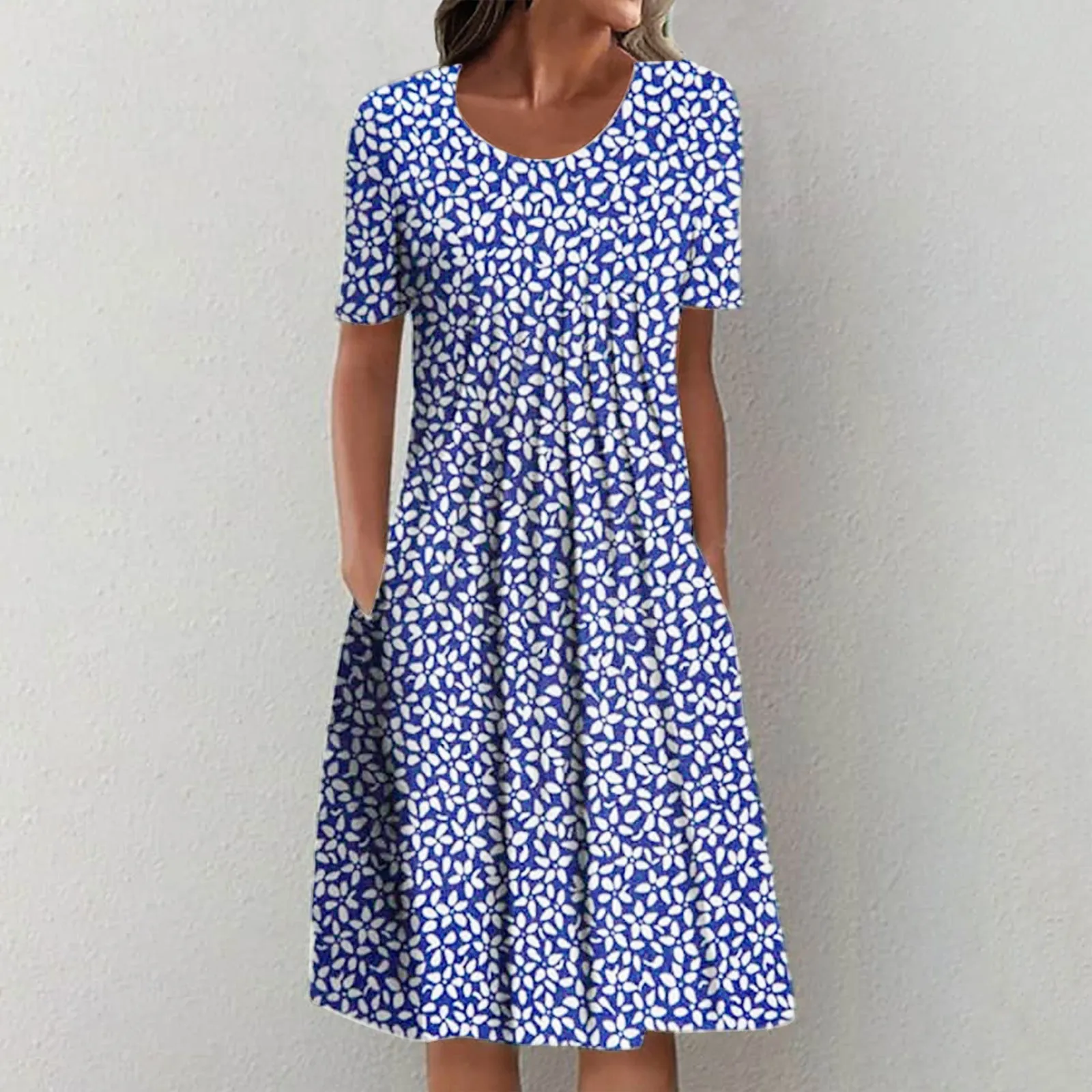 

Women Summer Casual V Neck Print Short Sleeve Dresses Empire Waist Dress With Pockets