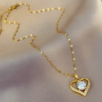 fashion artificial gems not fade color heart pendant neck chain for women gold titanium steel necklaces jewelry gift for girl