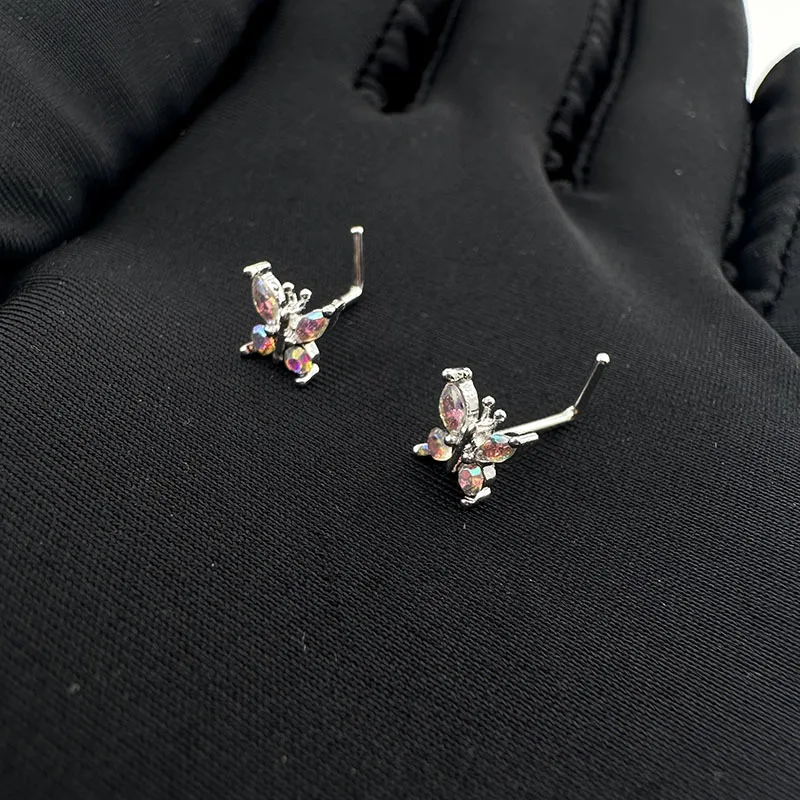 Фото Серьга-гвоздик для носа AB Diamond-set Butterfly из титановой стали, 0.8, 20G, оптом, для пирсинга, украшение для пирсинга носа №3