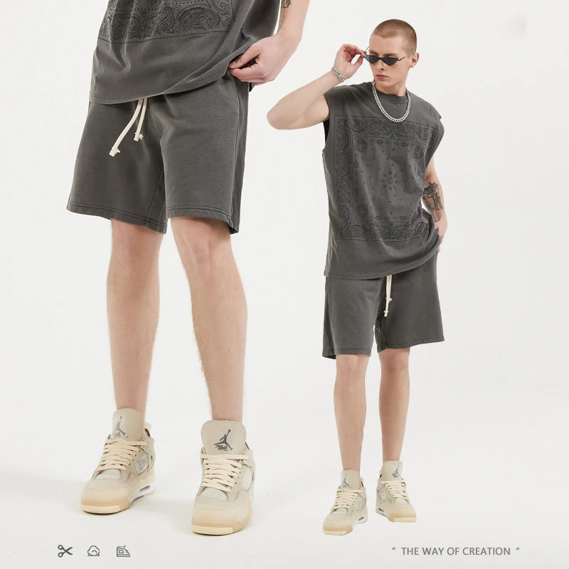 

Summer Chic Men Cotton Vintage Stitching Shorts Loose Drawstring Hip Hop Solid Brand Comfortable Shorts High Street Sweatpants