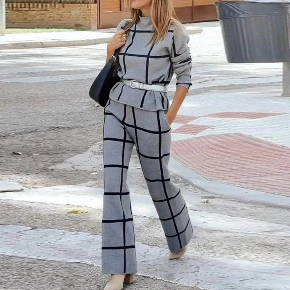 Женский зимний спортивный костюм элегантный пуловер в клетку с принтом топ и