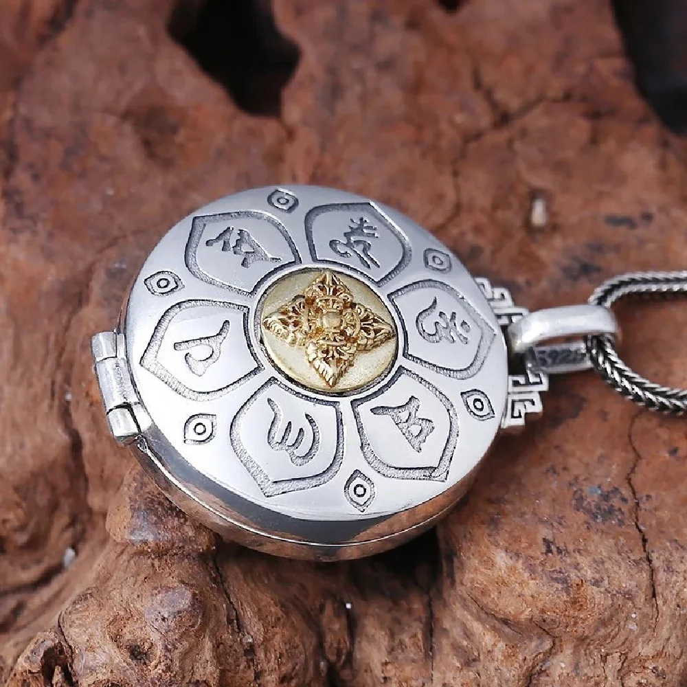 Подвеска-коробка Gawu с шестью символами вращающееся ожерелье из чистого серебра