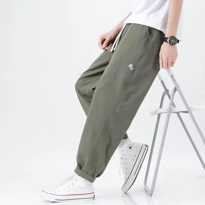 Casual Trendy Cropped Pants Loose Fit Summer Lazy Bunded Feet Men's Fashion Solid Color Style