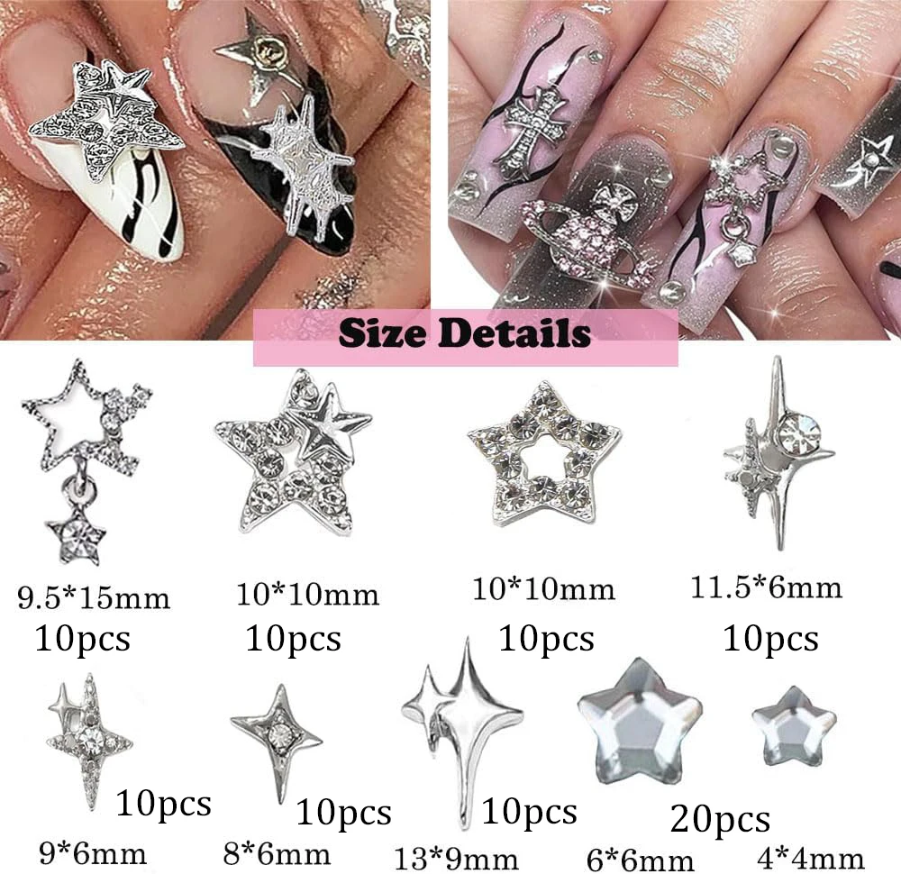 110 шт. серебряные подвески для ногтей в виде пятицветной звезды