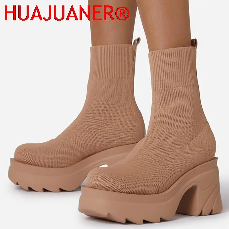 

Женские ботинки, модные ботинки на платформе, зимняя обувь на каблуке для женщин, вязаные ботильоны Mujer, новинка 2022, осенне-зимние ботинки дл...