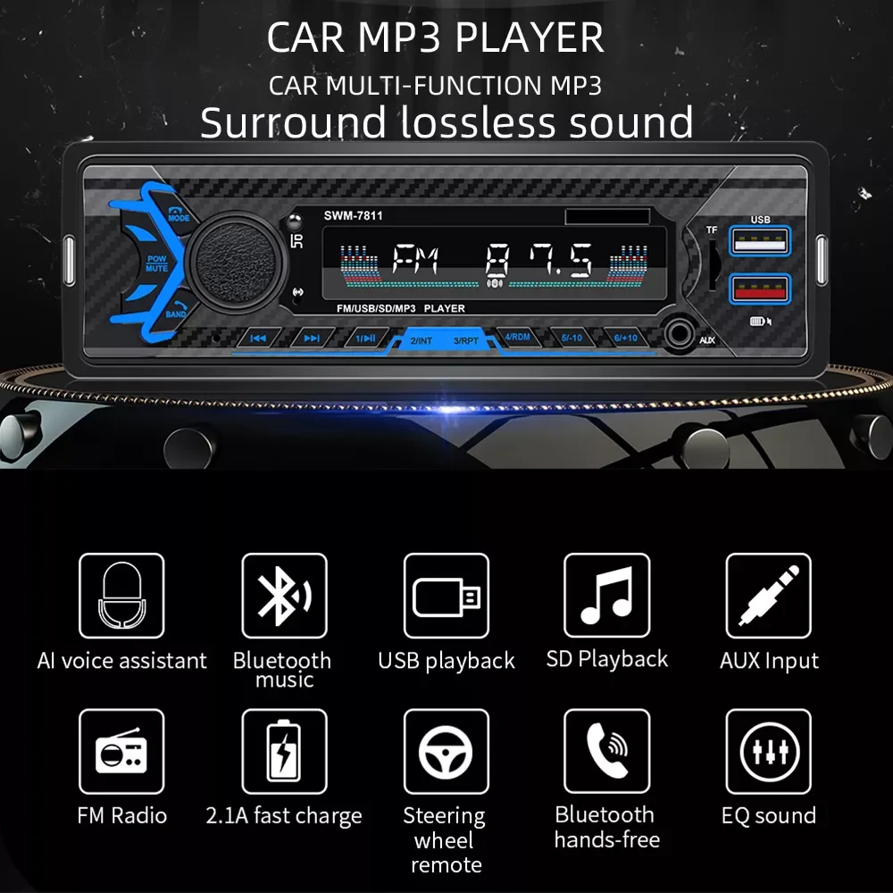 

Голосовой ассистент AI, автомобильный стереоприемник, Автомобильный MP3 12 В, радиоплеер, Bluetooth, совместимый с FM, автоматический мультимедийный...