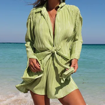 Suit Women'S  Summer Shorts Green Shirt And Set Two-Piece Long Sleeve Top For Vacation Oversize Streetwear Suit Outfits Women 1
