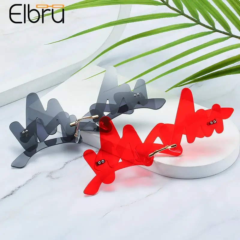 

Elbru UV400 Trendy Wave Sunglasses Fashion Color Rimless Sun Glasses Steampunk Sunglasses Shades Funny Wave Shaped Eyeglasses