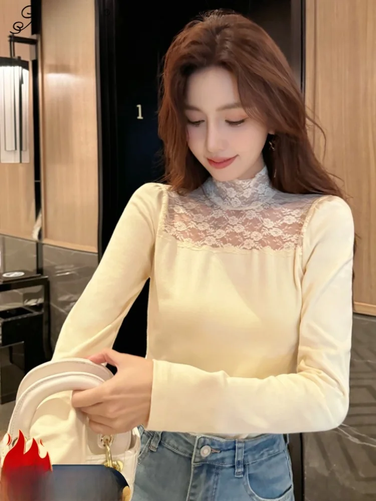 Футболка из чистого хлопка с кружевной строчкой и длинными рукавами верхняя