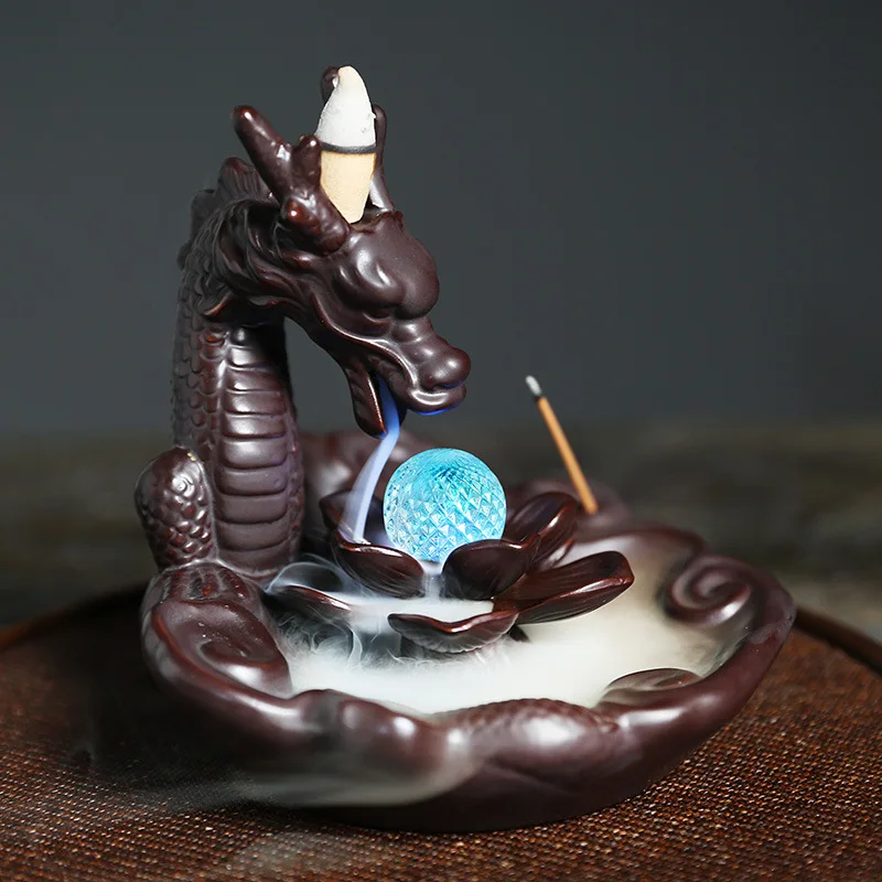 

YXY Chinese Dragon Backflow Incense Burner with LED Light Ceramic Censer Home Decor Incense Waterfall Holders Christmas Gifts