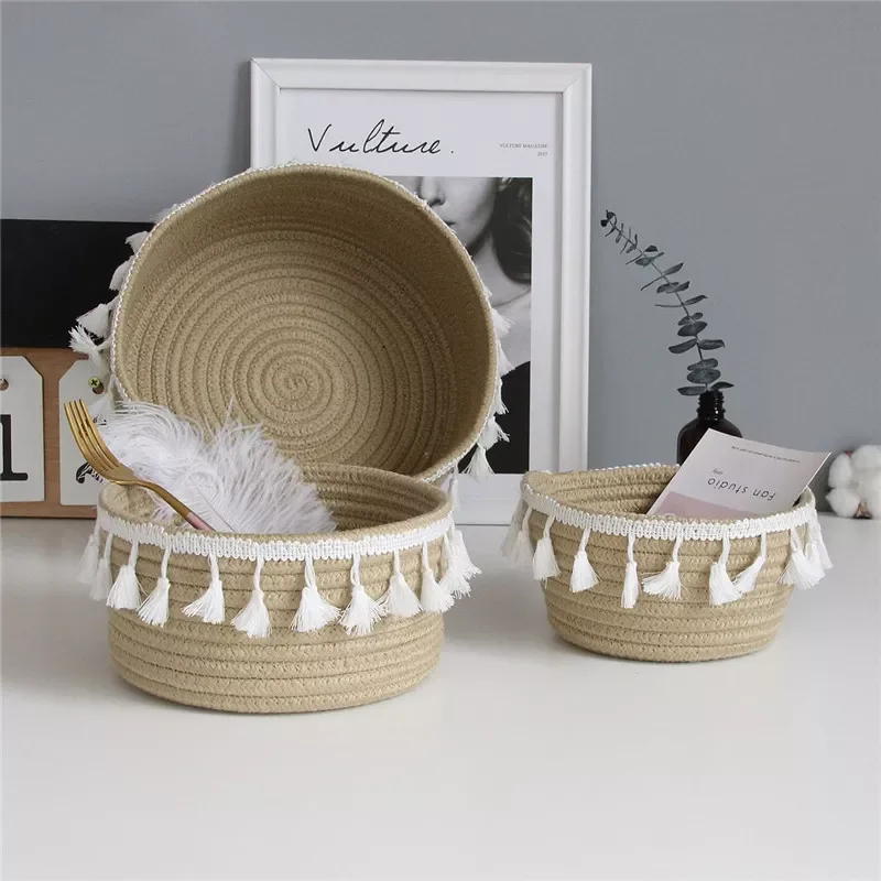 

2022Nordic Cotton Rope Storage Baskets With Tassel Handmade Woven Dirty Clothes Laundry Basket Desktop Sundries Organizer Hamper
