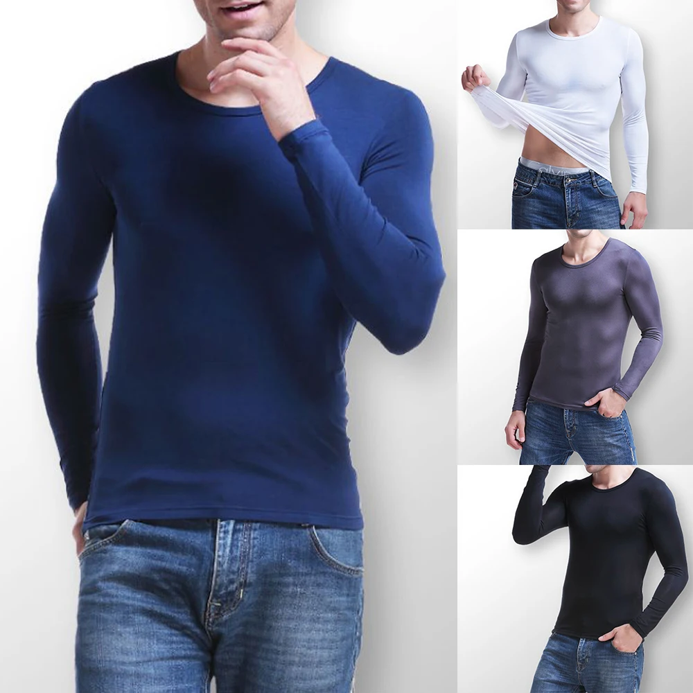 

Зимние мужские Сексуальные Теплые Топы, облегающая тянущаяся термомайка с длинным рукавом, футболка с подкладкой, нижнее белье