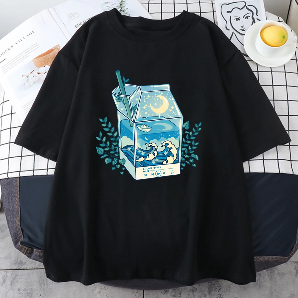Milk Box Moonlight Waves Prints Men's T Shirt Breathable S-XXXL T-Shirts Casual O-Neck Tee Tops Fashion Big Size T-Shirt Unisex