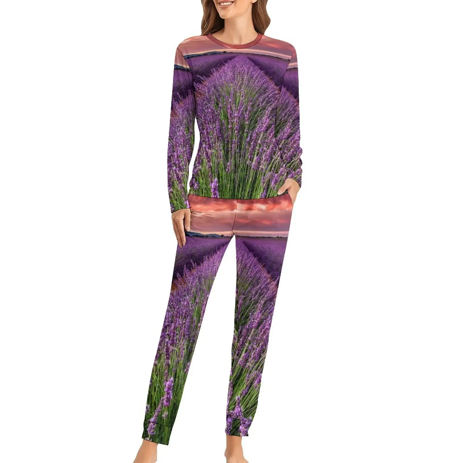 

Field of Lavender Pajamas Woman Sunset Print Cute Nightwear Autumn 2 Pieces Leisure Oversized Pajama Sets