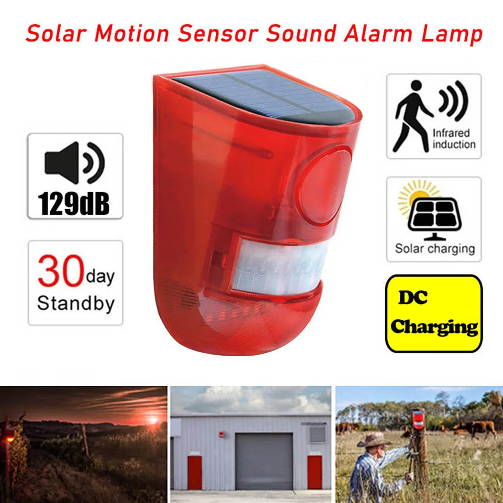 New Solar Infrared Motion Sensor Alarm With 129db Siren Strobe Light for Home Farm Orchard Shed Carvan Security Alarm System