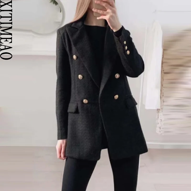 

Xitimeao Women Fashion Double Breasted Tweed Check Blazers Coat Vintage Long Sleeve Female Outerwear