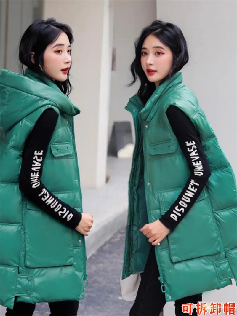 Глянцевая съемная шапка средней длины хлопковый пуховый жилет женское пальто