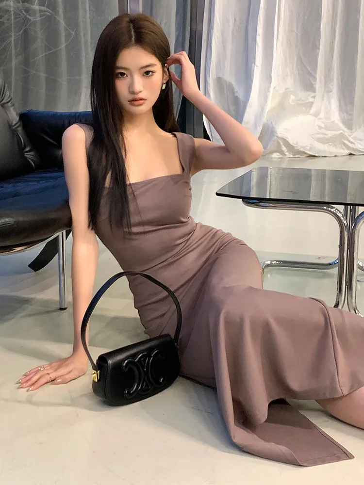 Spring Summer Spaghetti Strap Dresses for Women Sleeveless Slim Solid Color Casual Sexy Bodycon Dress Elegant