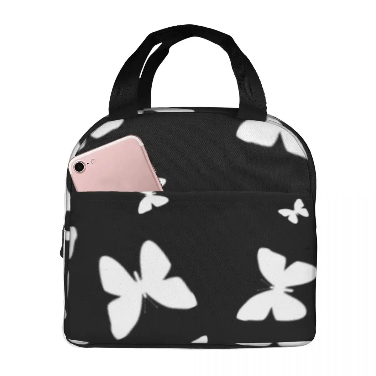 

Butterfly Pattern Lunch Bag with Handle Black And White Butterflies Cooling Cooler Bag Work Beautiful Meal Thermal Bag