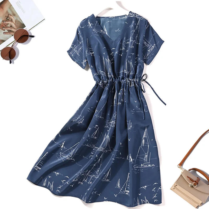 

Women's 100% Mulberry Silk V-neck short sleeve belted waist navy boats Printed Midi Dress L XL JN847